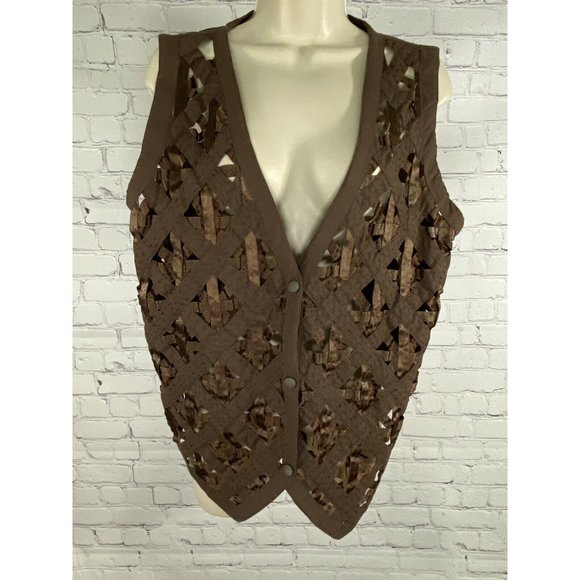 Ellen Richman Brown Snap Up Criss Cross Accent Cotton Vest M Medium - Picture 1 of 8
